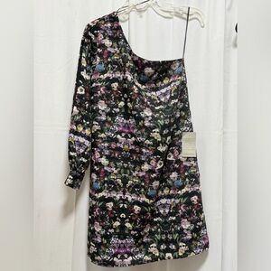 Nordstrom Chelsea 28 Black & Multi color floral One shoulder slit sleeve dress